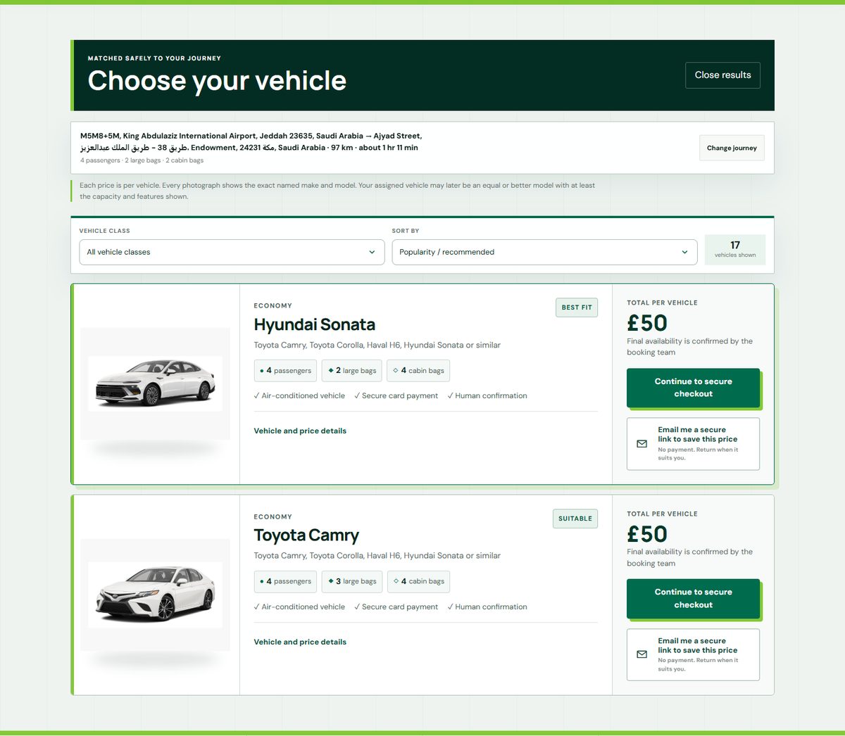 Saudi Cab Co live vehicle prices for a Saudi transfer