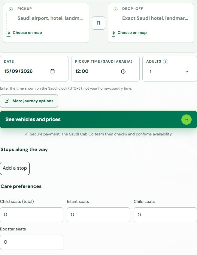 Saudi Cab Co journey search for an airport, hotel or city transfer