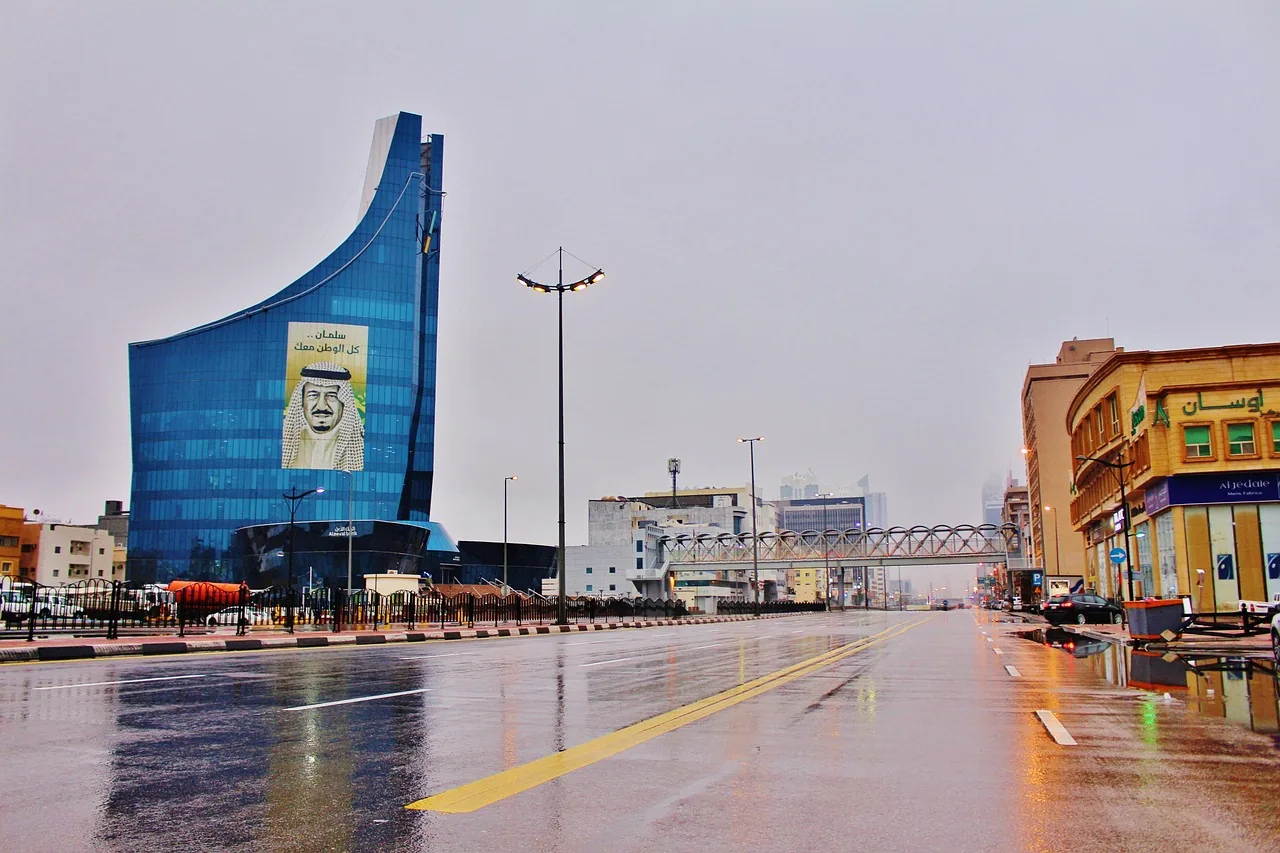Modern road and city buildings in Saudi Arabia