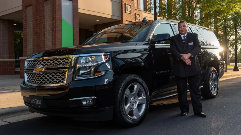 Chauffeur in a dark suit standing beside a black SUV