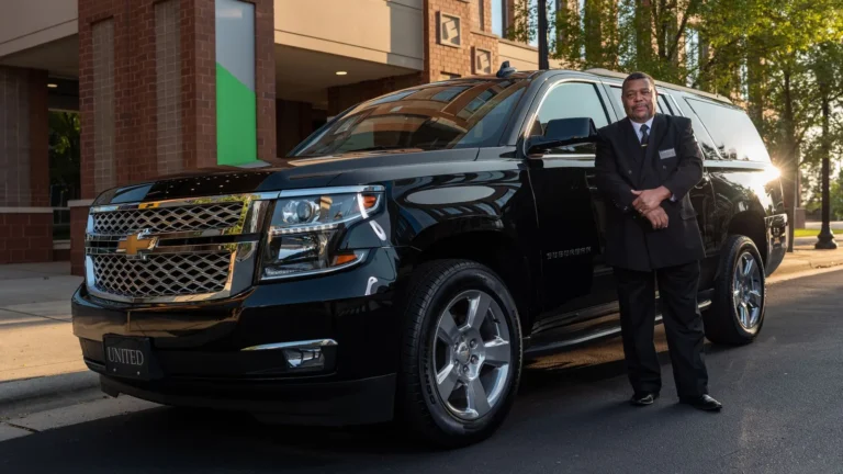 Chauffeur in a dark suit standing beside a black SUV