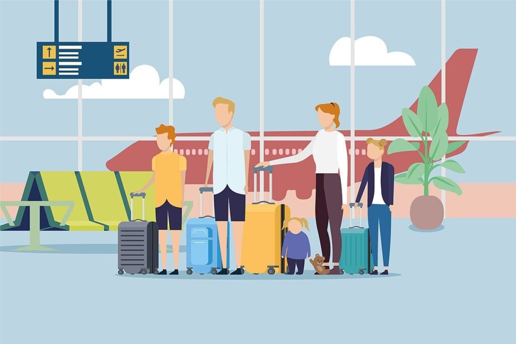 Family waiting for a flight at the airport