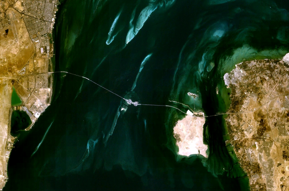 Satellite view of the King Fahd Causeway between Bahrain and Saudi Arabia