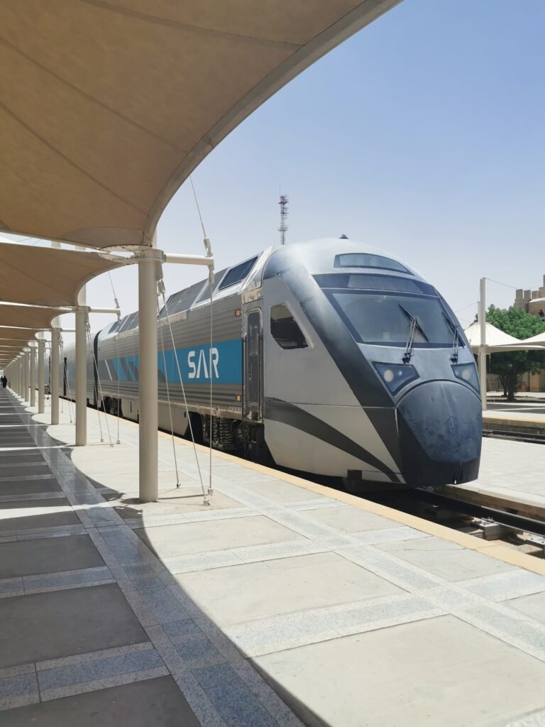 An intercity train at Riyadh-Dammam station, part of Saudi Arabia domestic transport options