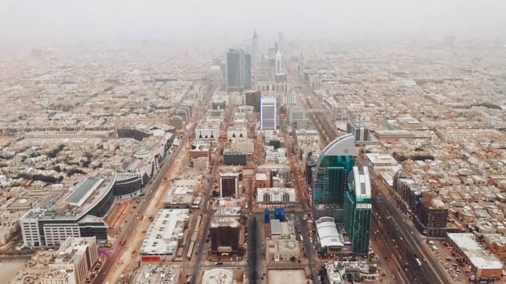 Aerial view of central Riyadh with its main roads and tall buildings