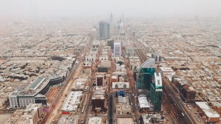 Aerial view of central Riyadh with its main roads and tall buildings