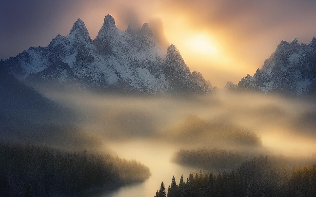 Misty highland mountain scenery typical of Saudi Arabia's Asir region at sunrise