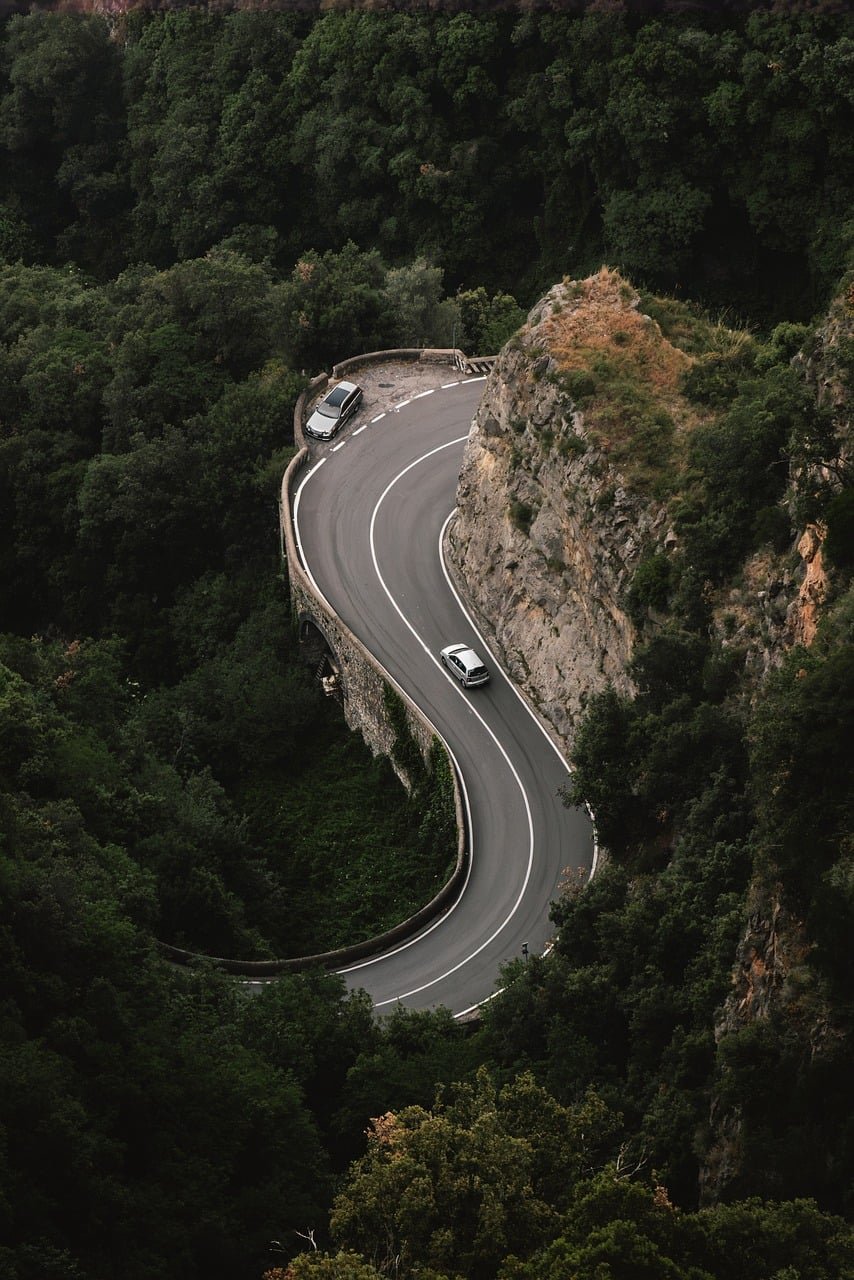A winding mountain road through the green highlands of Abha in the Aseer region