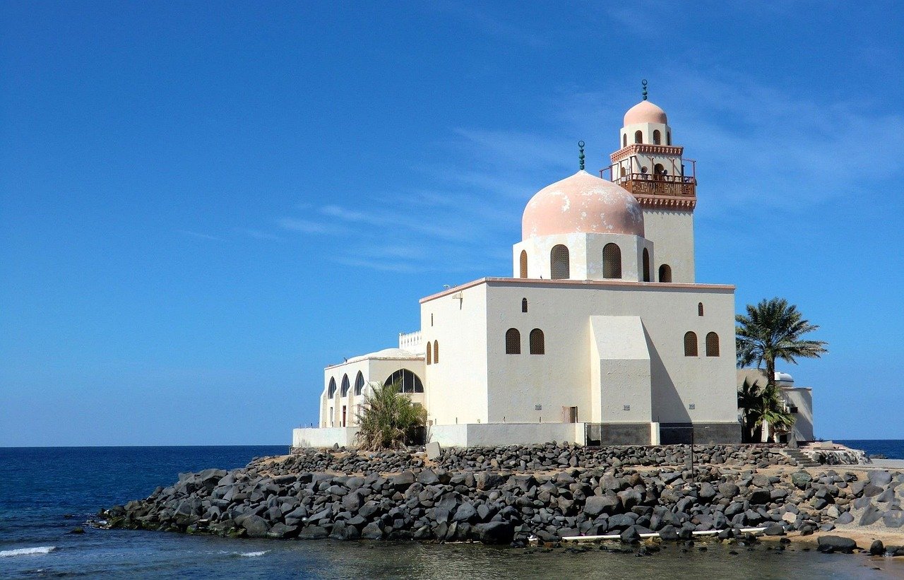 Coastal road and Red Sea coastline near Jazan, south west Saudi Arabia
