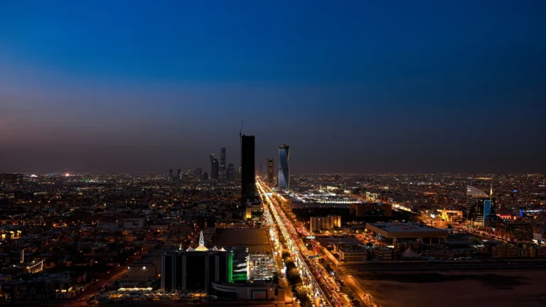 Riyadh at twilight with the King Fahd National Library lit up