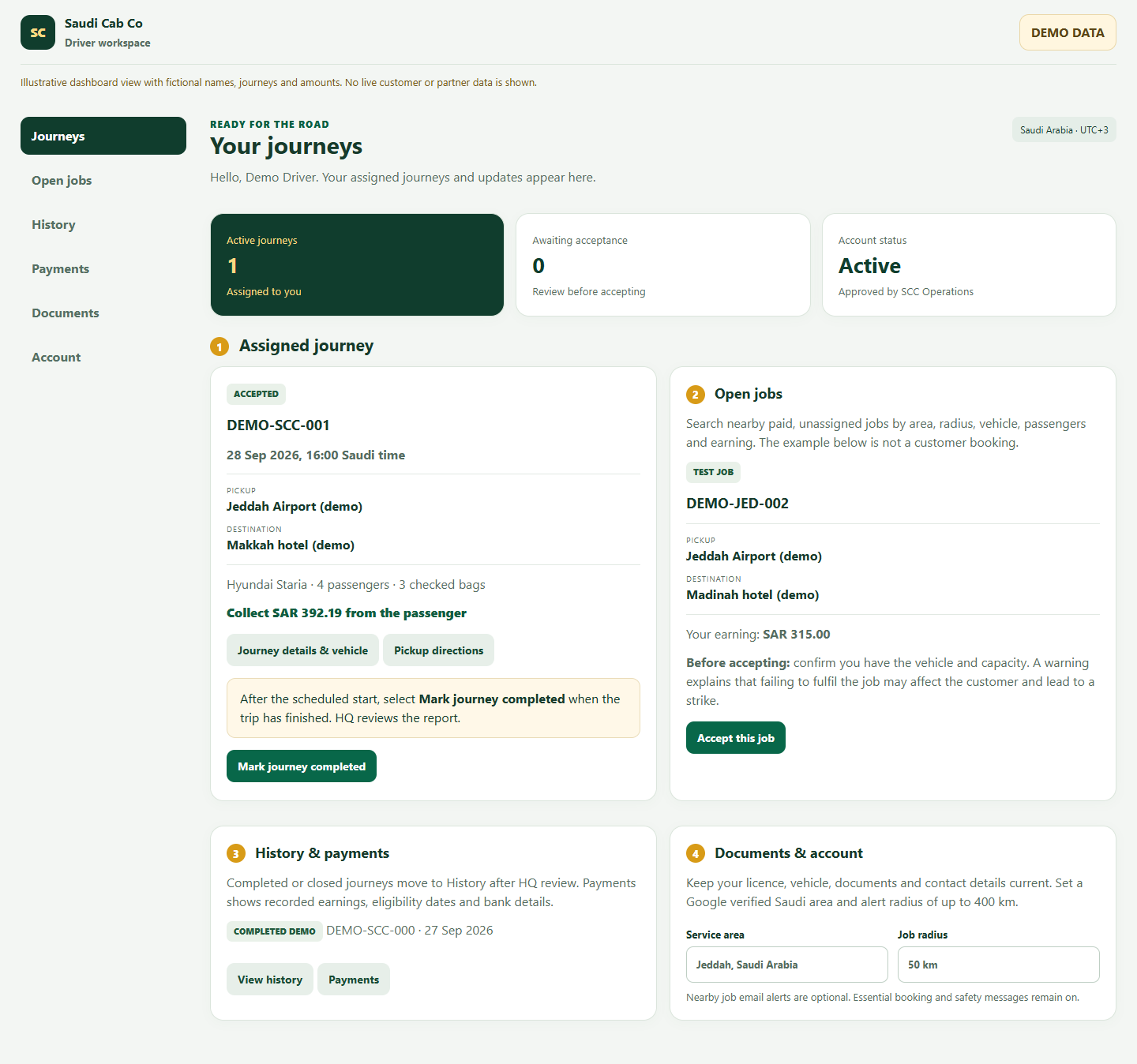 Annotated Driver dashboard desktop demo view